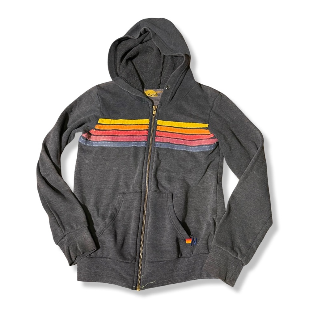 Aviator Nation 5 Stripe Lightweight Full Zip Hoodie Kids Size 8 Gray
